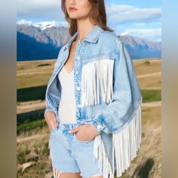 NWT Vigoss denim blue jean jacket with fringe 100% cotton size large - Picture 12 of 12